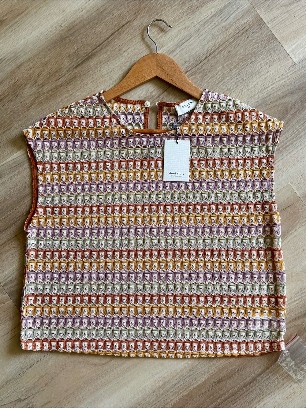 NWT Short Story Petite Multicolor Crochet Open Knit Boho Top MP